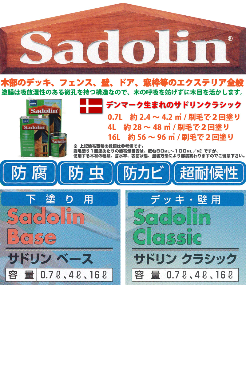 サドリン Sadolin :: 【期間限定特価☆】サドリン クラシック Sadolin 各色 0.7L 4L 16L W0-0002-W0-0099  油性